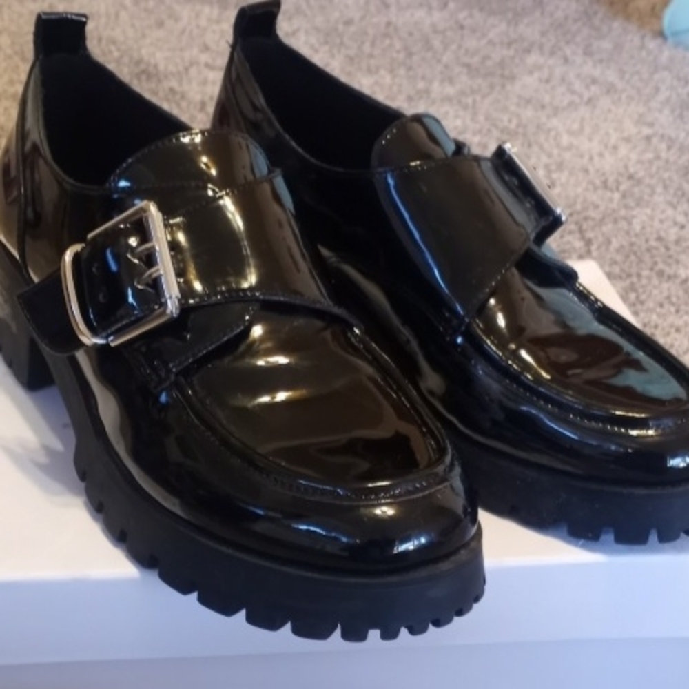 Marc Fisher Black Patent Leather Loafers with Silver Buckle
